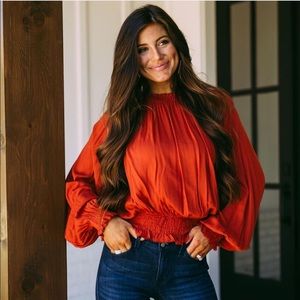 Smocked mock neck top in rust